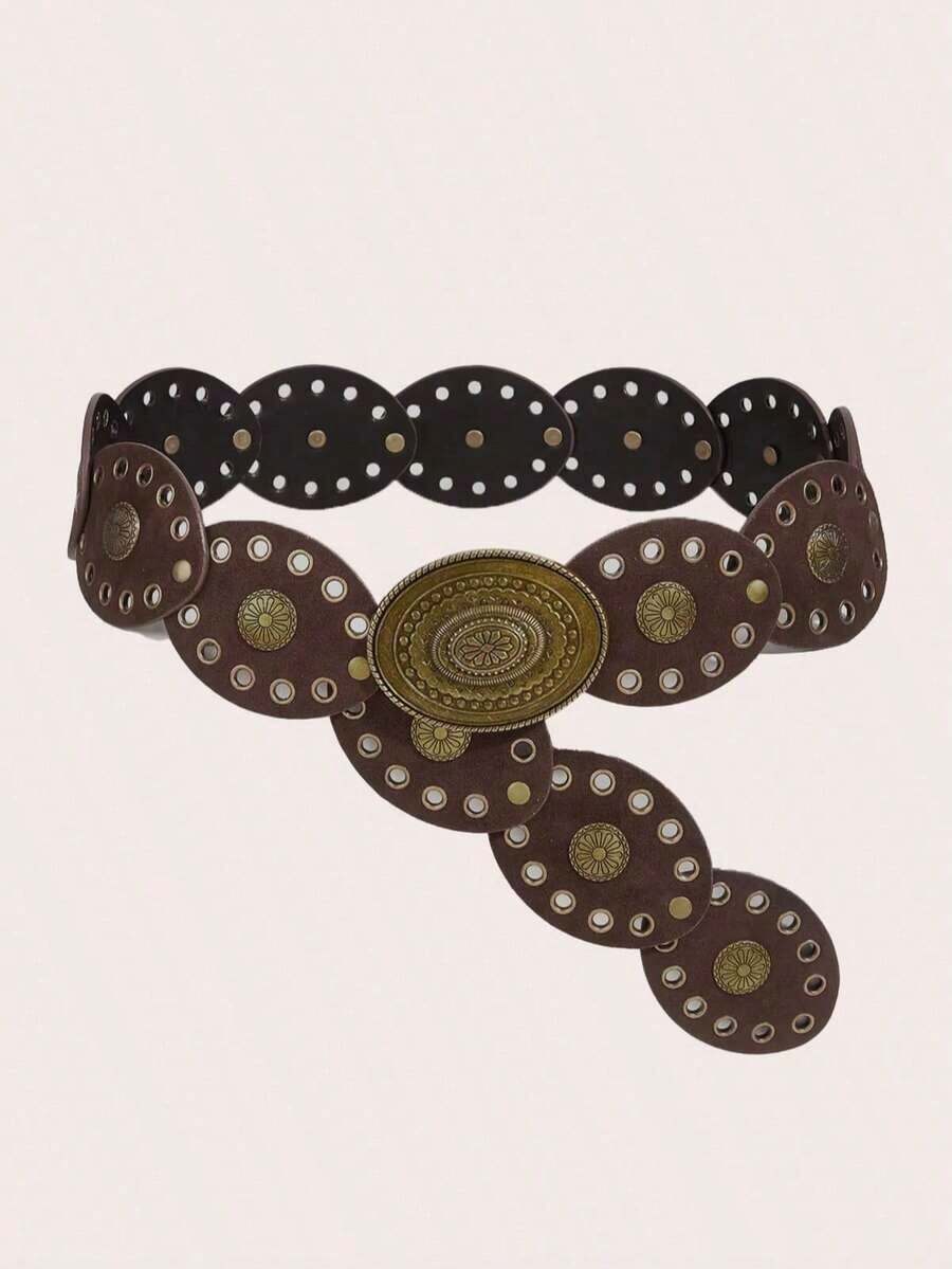 1pc Bohemian Western Style Women's Belt, Boho Belt, Western Belt, Gothic Velvet Patchwork Belt, Fashion Accessory For Women, Autumn/Winter Coffee & Antique Bronze Floral Oval Buckle Belt, Dress Accessory, Party, Beach, Music Festival, Y2K Style Belt, Valentine's Day Gift, Available In Plus Size - 咖啡 - 查看 1