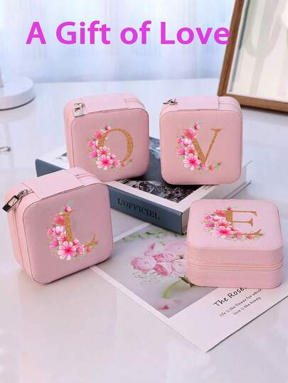 1pc Pink Letter Jewelry Box, Makeup Case, Cosmetic Bag, Valentine's Day Gift, Women's A-Z Initial Print Storage Box, Large Capacity Multi-Layer Travel Portable Box, Luxury PU Leather Mini Flip-Top Organizer, Holiday Gift For Mom And Girlfriend