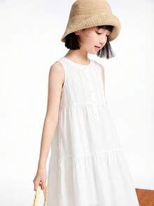 Annil [Đầm cotton lanh ngọt ngào và mát mẻ] Đầm chữ A mùa hè cho bé gái - Tươi mát, năng động, thoáng khí, thoải mái, ngọt ngào, nhẹ nhàng, dáng midi. - Trắng nhạt - Xem 1