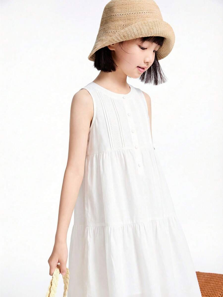 Annil [Đầm cotton lanh ngọt ngào và mát mẻ] Đầm chữ A mùa hè cho bé gái - Tươi mát, năng động, thoáng khí, thoải mái, ngọt ngào, nhẹ nhàng, dáng midi. - Trắng nhạt - Xem 1