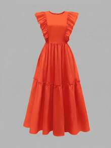 Women's Elegant Vacation Solid Color Cap Sleeve Ruched Patchwork Short Casual Dress, Spring/Summer - Orange - View 2