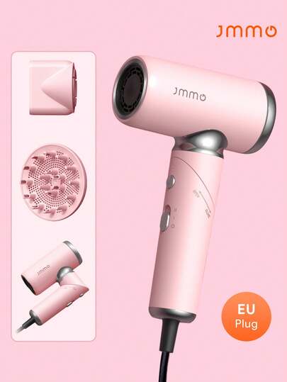 JMMO Foldable Portable Hair Dryer With Diffuser And Nozzle, Ionic Blow Dryer For Less Frizz, Fast Drying, Low Noise, Compact Mini For Home And Travel, Pink-EU Plug