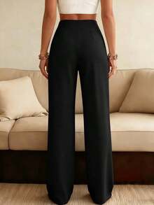 Women's Solid Color Wide Leg Business Pants, Straight Leg Casual Trousers, Versatile For Various Occasions And Commuting White Spring - 黑色 - 查看 3