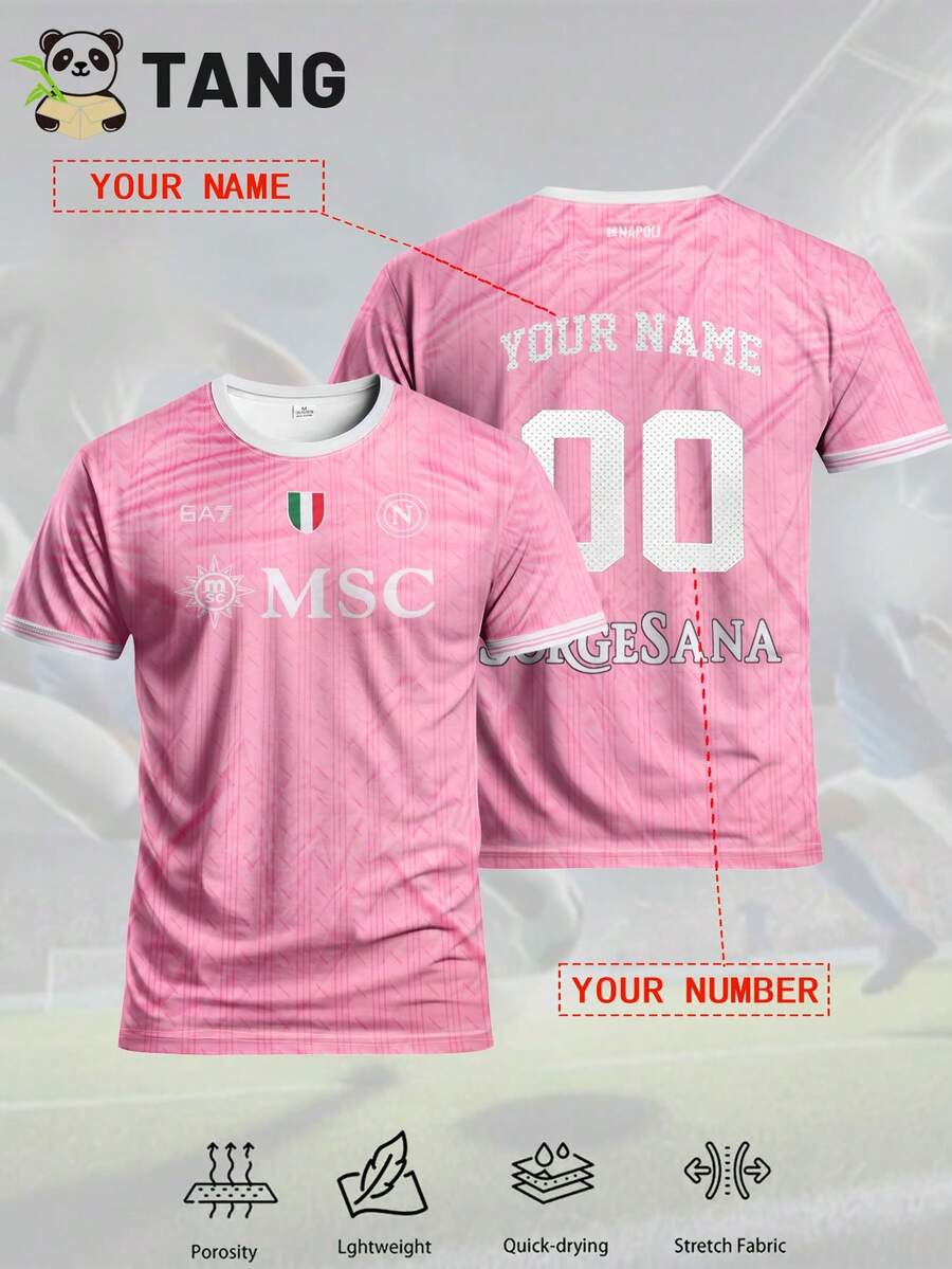 Customized Men's Football Jersey, Naples Style, Crew Neck, Comfortable Sports, Suitable For Football Training, Casual Wear, And Gift Pink Summer ,For Family, Father's Day Gift