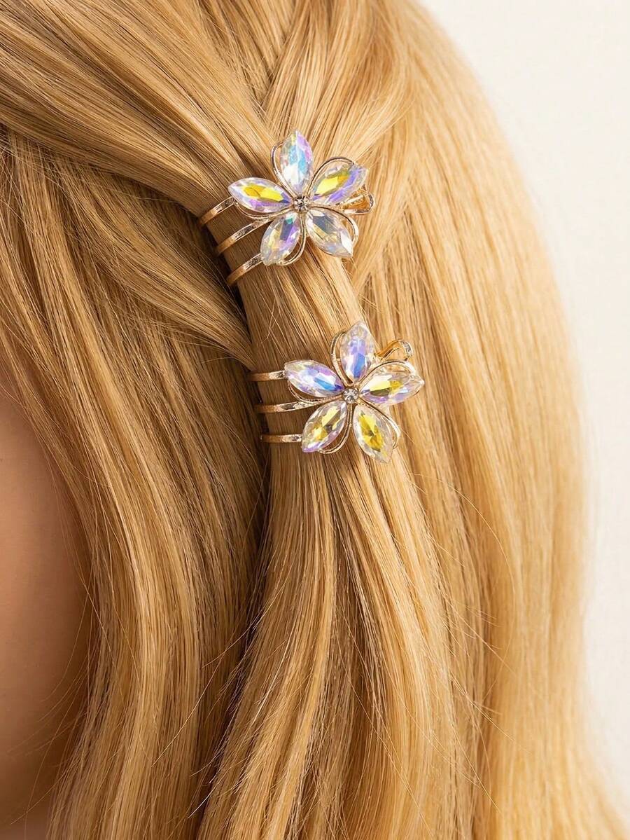 2pcs Rhinestone Flower Hair Clips, Dreamy Rhinestone Metal Niche Sweet Bangs Hair Clips, Hairpins For Forehead Hair,Summer,Holiday,Travel - Multicolor - View 1
