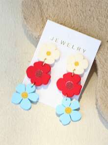 1对女士春夏白色、红色、蓝色花卉印花陶瓷质感INS设计可爱个性亚克力长耳环 - 彩色 - 查看 4
