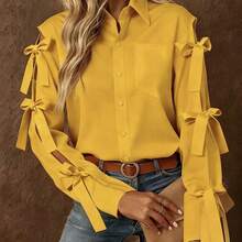 Camisa de manga larga de un solo pecho con lazo decorativo, unicolor blanco para primavera - Amarillo Mostaza - Ver 2