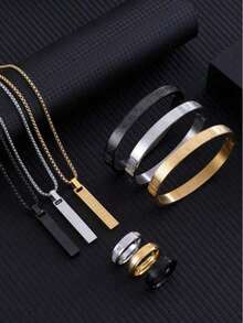 3件套不锈钢罗马数字手链、戒指和项链首饰套装，适合日常佩戴 - 彩色 - 查看 1