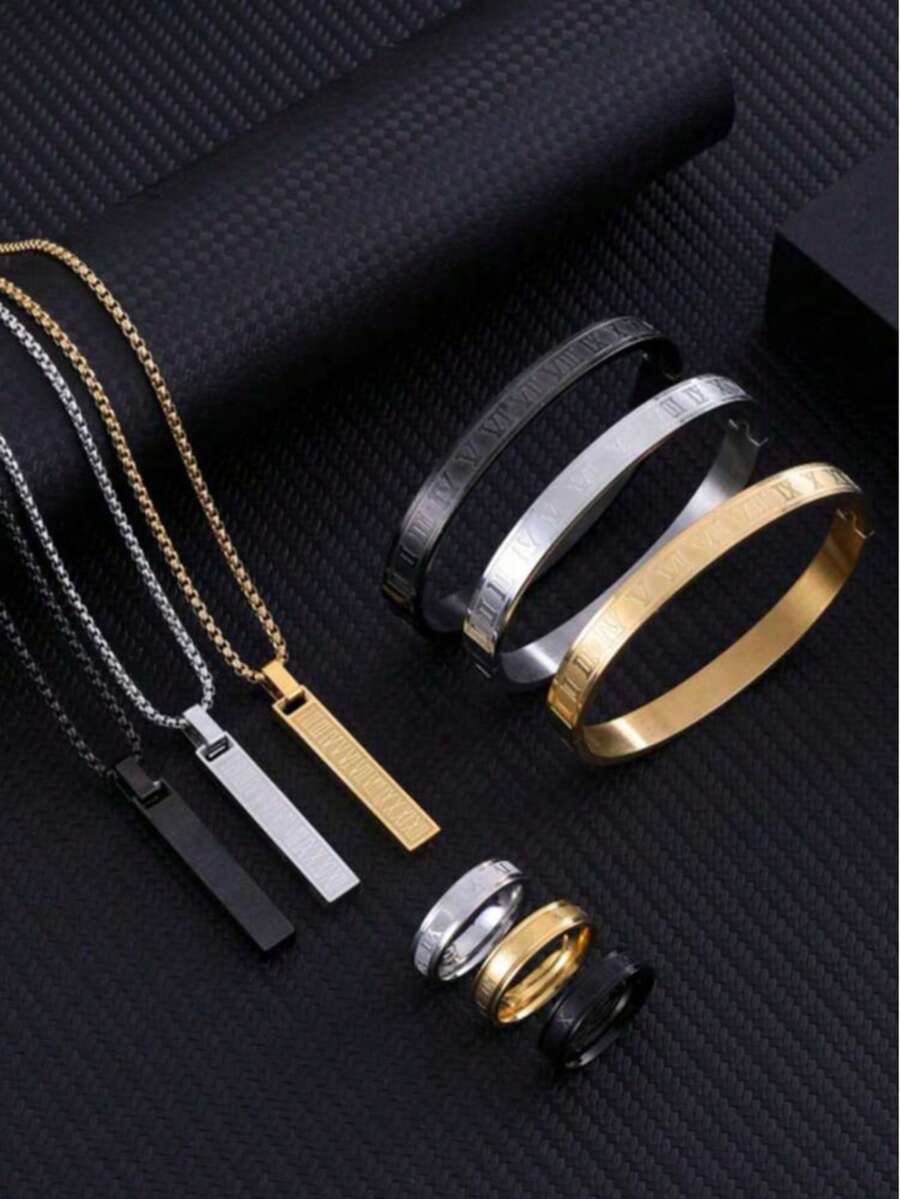 3件套不锈钢罗马数字手链、戒指和项链首饰套装，适合日常佩戴 - 彩色 - 查看 1