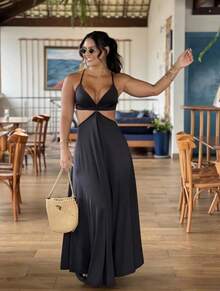 Long Dress With Open Back And Elegant Tie Detail - Casual, Suitable For Day And Night Parties. - 黑色 - 查看 1
