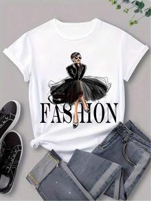 Camiseta Casual Holgada de Cuello Redondo y Manga Corta para Mujer con Estampado de Figura Femenina, Blanca, para Verano - Blanco - Ver 1