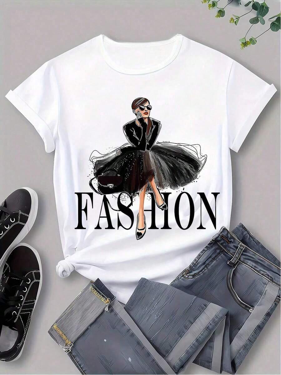 Camiseta Casual Holgada de Cuello Redondo y Manga Corta para Mujer con Estampado de Figura Femenina, Blanca, para Verano - Blanco - Ver 1