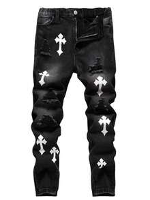 Boys' Casual Elastic Waist Embroidered Jeans, All Season - Black - View 1