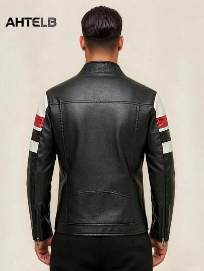  Jachetă de piele pentru motocicletă retro casual pentru bărbați AHTELB, jachetă cu guler înalt în culori contrastante, design cu fermoar antifurt, stil de curse, potrivită pentru întâlniri în aer liber și activități de călărie sportive