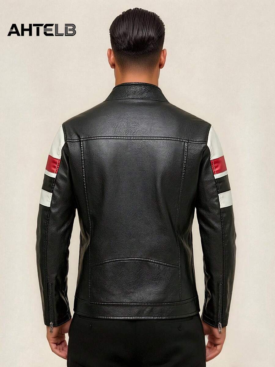 AHTELB Men's Leather Jacket Casual Retro Riding Jacket Motorcycle Leather Jacket Men's Outerwear, Very Sports - Black - View 1