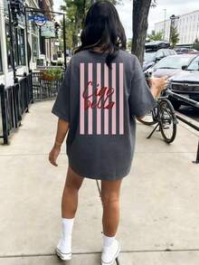 Spring/Summer Oversized Tops, 100% Cotton Tops, Women's Round Neck Short Sleeve T-Shirts, Soft And Comfortable, Casual, Streetwear, Fun Striped Letter Slogan Prints, Y2K, Summer, Spring, Gym, Sport, Party Top, Vintage,Fun T-Shirts, Vacation, Beach, Casual, 90s, Cute Tops, Easter, Carnival, Office/Lounge/Home/Minimalist, Western, 80s American Retro Style, Unisex, Outerwear, Autumn/Winter, Black Top - Grey - View 2