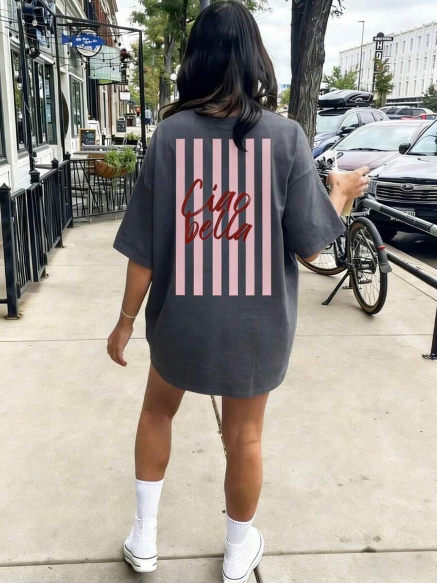 Spring/Summer Oversized Tops, 100% Cotton Tops, Women's Round Neck Short Sleeve T-Shirts, Soft And Comfortable, Casual, Streetwear, Fun Striped Letter Slogan Prints, Y2K, Summer, Spring, Gym, Sport, Party Top, Vintage,Fun T-Shirts, Vacation, Beach, Casual, 90s, Cute Tops, Easter, Carnival, Office/Lounge/Home/Minimalist, Western, 80s American Retro Style, Unisex, Outerwear, Autumn/Winter, Black Top