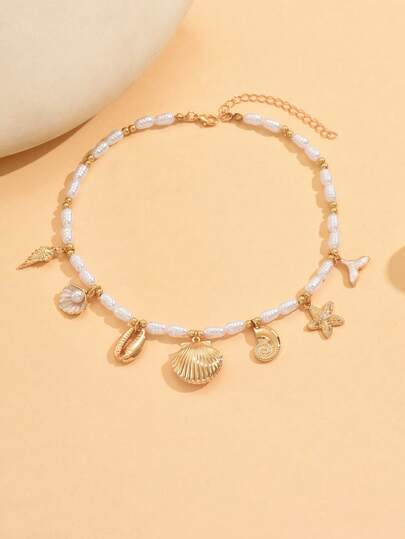 1件装奢华不对称仿珍珠海洋生物吊坠项链，适合女性在约会、派对、音乐节等场合佩戴，也可作为礼物送给朋友，百搭项链。