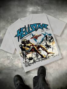 Hellstars Path To Paradise UFO Alien Y2K Graphic T-Shirt,220g 100% Cotton,Round Neck Short Sleeve,Black Streetwear Essential For Summer Going Out,Unisex Style - Grey - View 1