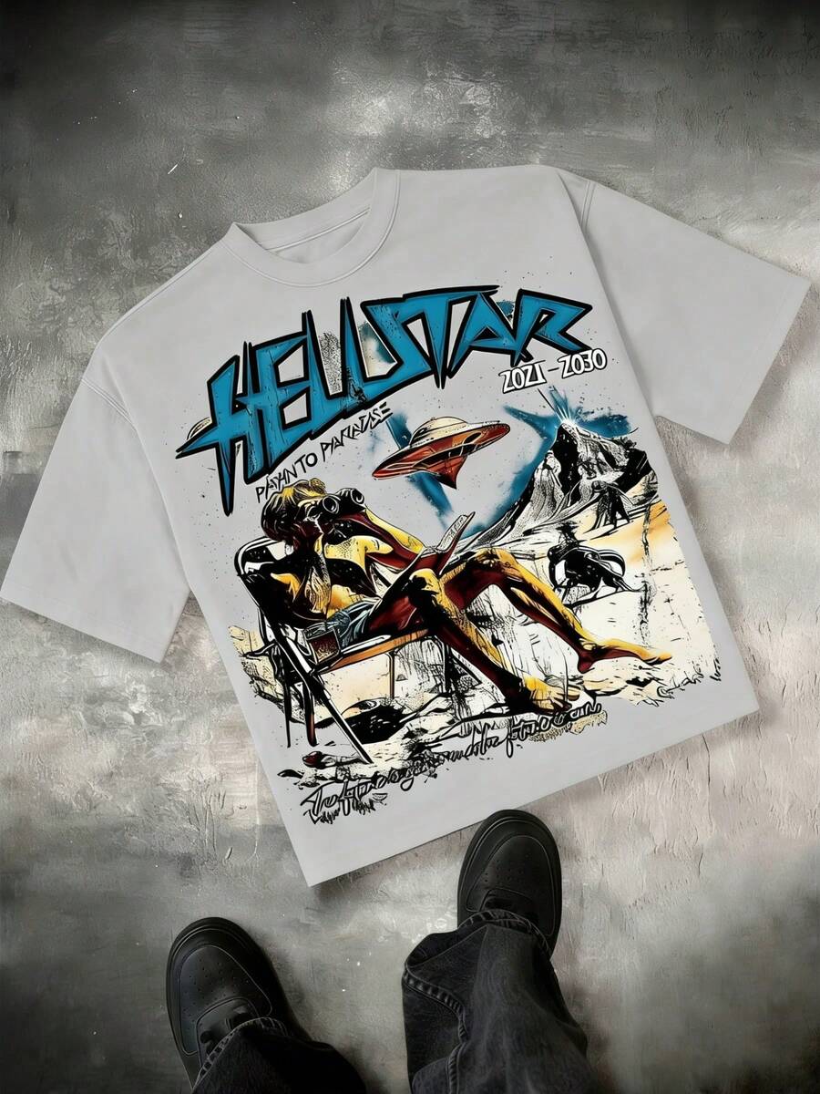 Hellstars Path To Paradise UFO Alien Y2K Graphic T-Shirt,220g 100% Cotton,Round Neck Short Sleeve,Black Streetwear Essential For Summer Going Out,Unisex Style - Grey - View 1