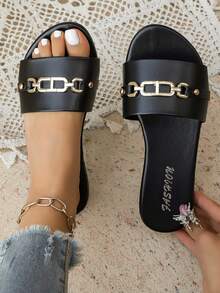 Women's Flat Slippers With Metal Buckle, Fashionable And Versatile, New Spring/Summer Design, Comfortable House Shoes - Hitam - View 1