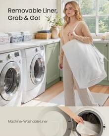 SONGMICS Handwoven Laundry Hamper, Dirty Clothes Basket, 23.8 Gal (90L) Synthetic Rattan Clothes Laundry Basket With Lid And Handles, Foldable, Removable Liner Bag, 18.1"L X 13"W X 23.6"H, Gray, Khaki - 沙灘色 - 查看 7