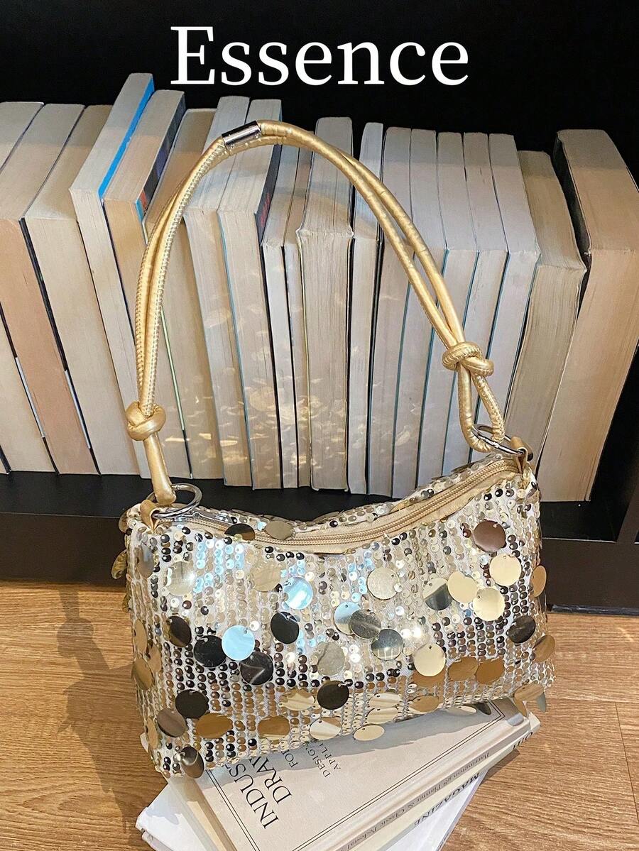 1pc Gold-Color Sequin Crescent Moon Shaped PVC Shoulder Bag For Women