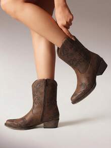 Women's Western Ankle Boots - Cowboy Cowgirl Style, Low Chunky Heel, Square Toe, Fall Short Booties Shoes - 摩卡棕 - 查看 1