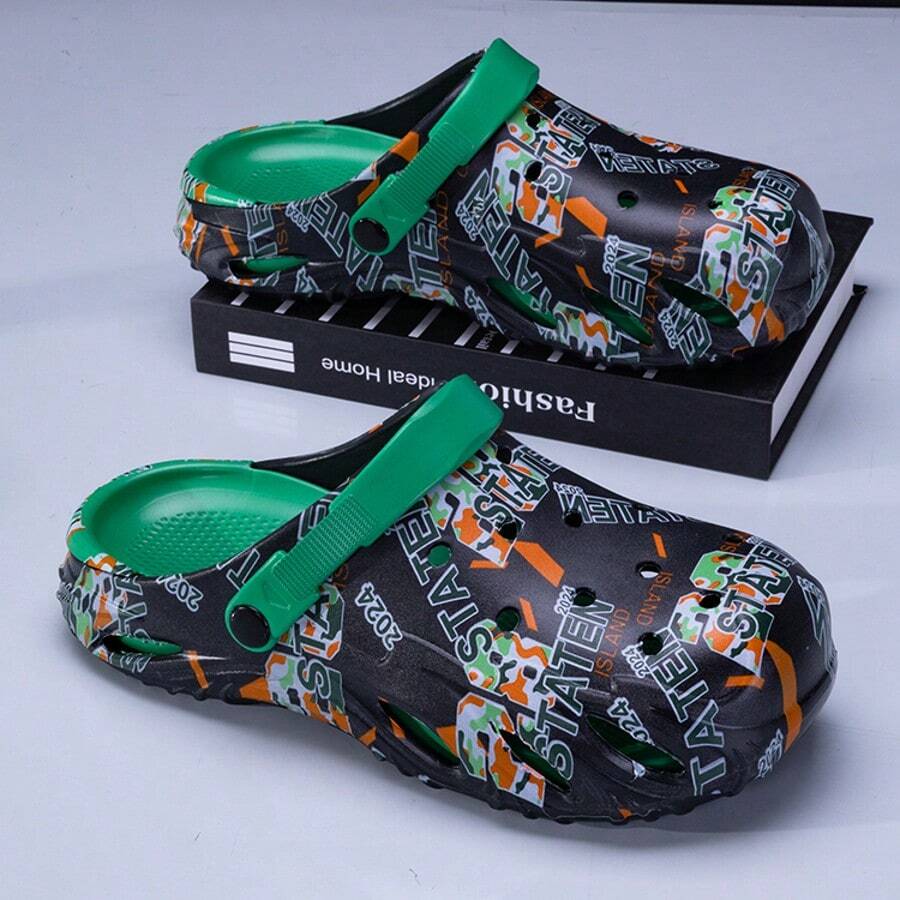 Men's Fashion Graffiti Slide Sandals, Comfortable Lightweight Non-Slip Breathable Slippers - Black - View 1