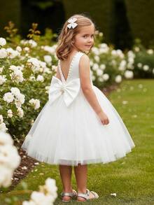 Vestido de princesa de alta gama para niña joven, con lazo desmontable de malla calada y perlas, vestido de ceremonia formal para niña de las flores en bodas y fiestas - Blanco - Ver 4