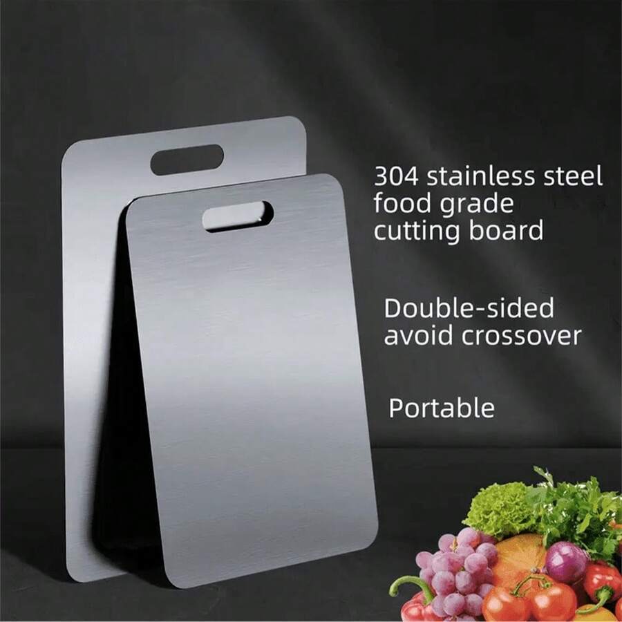 Thick 304 Stainless Steel Cutting Board, Suitable For Cutting Vegetables, Fruits, Meats And Kneading Dough. Anti-Bacterial And Mildew Resistant Material, Easy To Clean By Rinsing. Portable And Space-Saving Design With Hanging Hole. Dual-Sided Usable, Ideal For Kitchen And Catering Use.