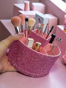 1pc 360° Rotating Rhinestone Jewelry Box, Large Capacity, Multi-Color Rhinestone Encrusted Surface, Luxurious Sparkling Style, Full Rhinestone Pattern, Hexagonal Pillar Shape, Neat Edges And Details, Makeup Tool Container, Suitable For Bedroom Vanity, Dressing Room Desk And Other Scenes - Multicolor - View 2