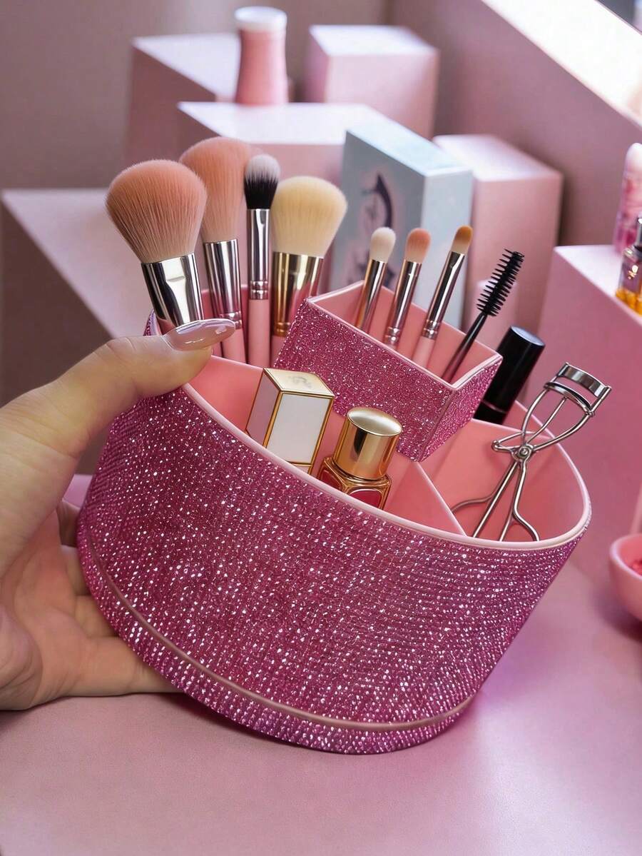 1pc 360° Rotating Rhinestone Jewelry Box, Large Capacity, Multi-Color Rhinestone Encrusted Surface, Luxurious Sparkling Style, Full Rhinestone Pattern, Hexagonal Pillar Shape, Neat Edges And Details, Makeup Tool Container, Suitable For Bedroom Vanity, Dressing Room Desk And Other Scenes