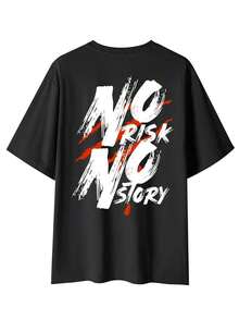 Camvyn Men's Casual Short Sleeve T-Shirt With Slogan Print, Drop Shoulders, Loose Fit And Breathable. Ideal For Summer. - 黑色 - 查看 3