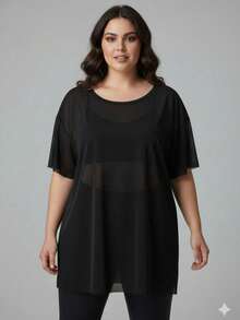 Plus Size Sheer Short-Sleeved Blouse, Regular Length, In Highly Stretchy Knit Fabric. - 黑色 - 查看 1