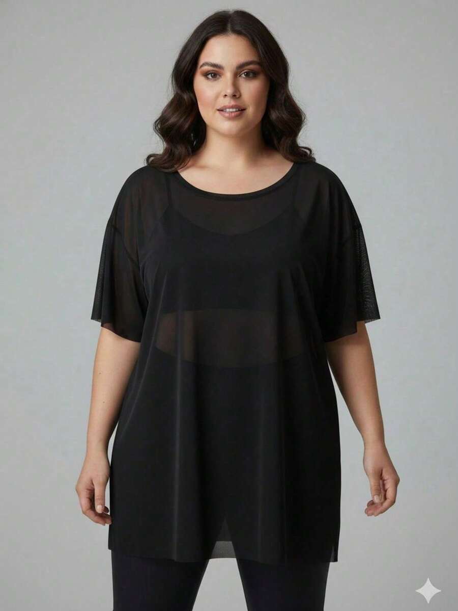 Plus Size Sheer Short-Sleeved Blouse, Regular Length, In Highly Stretchy Knit Fabric. - 黑色 - 查看 1