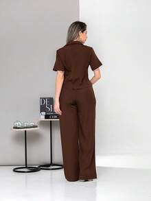 New Tailored Blouse And Wide-Leg Trousers Set With Working Buttons C6606 - Coffee Brown - View 2