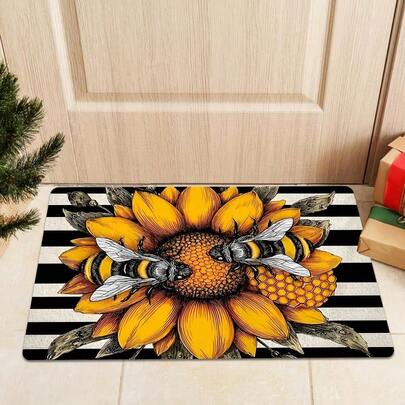 -1Pc Sunflower Bee Printed Door Mats, Exquisite Spring Flowers And Bee Pattern Design Door Mats, Machine Washable Flannel Welcome Carpets, Non-Slip And Durable, Suitable For Doorways, Living Rooms, Bedrooms, Kitchens, Corridors, Entrances And Other Places, High-Quality Floor Mats Are Essential For Spring And Summer Home Decoration