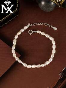 SYMFNY 1pc Elegant 925 Silver Asymmetrical Pearl Bracelet, Suitable For Daily Commute, Dates, Parties, Birthdays, Valentine's Day, Anniversary And Other Occasions - Silver - View 2