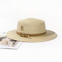 1pc Women's Leather Buckle Strap Letter Decor Straw Hat, Fashionable, Generous, Sweet & Cute, Suitable For Beach, Vacation And Daily Matching, UV Protection - Straw Hat - View 10