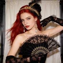 咆哮的二十年代复古女郎套装 | 羽毛头饰蕾丝扇形珍珠耳坠 | 舞会及化装舞会 - 彩色 - 查看 6