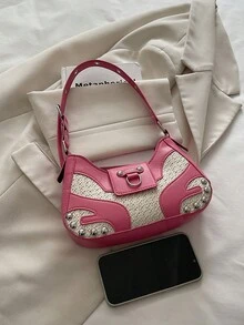 Túi xách tay hình lưỡi liềm bằng rơm ghép mảnh kiểu vintage mới, trang trí đinh tán, dây đeo khóa kim loại, khóa kéo, dây đeo vai có thể điều chỉnh, dung tích nhỏ, nhẹ, tối giản. - Hồng - Xem 4