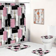 1pc/4pcs Glitter Geometric Pattern Luxury Bathroom Shower Curtain Set, Free 12 Hooks Included, Elegant Holiday Decor, Includes Bath Mat, U-Shaped Toilet Mat And Round Toilet Mat, Suitable For All Bathroom Scenarios - A - View 4