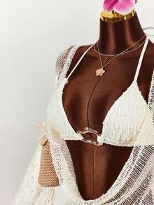 3pcs Women's Sexy Halter Bikini Set - Top, Bottom, And Cover-Up - 杏色 - 查看 11