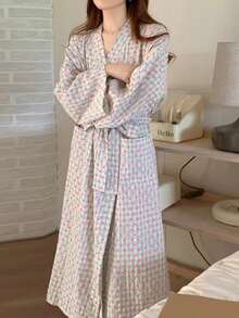 1pc Thick Comfy Sleepwear Robe, Sweet Heart Plaid Pattern, Loose Fit Casual Mid-Length Housecoat, V-Neck Long Sleeve With Pockets, Women Loungewear Bathrobe - Multicolor - View 2