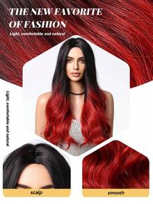 红色渐变20英寸长波浪卷合成假发，自然红色渐变水波纹假发，适合女性，非洲裔角色扮演日常发型，中分，耐热 - 漸層紅色 - 查看 3
