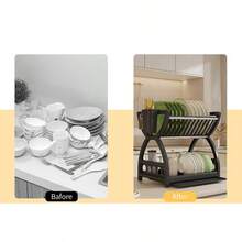 1 pieza Estante de cocina de plástico, Escurridor y organizador multifuncional de tazones y platos, Organizador de cubiertos de doble capa - Multicolor - Ver 5