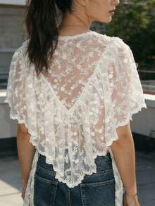 Camiseta De Encaje De Verano Para Mujer, Informal, Transparente, Con Mangas Irregulares Y Volantes, Tops Para Ropa Urbana Grunge. - Albaricoque - Ver 4