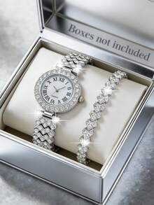 1 pieza Reloj de cuarzo elegante y de moda con números romanos redondos y juego de pulsera para mujer, adecuado para uso diario, regalo de cumpleaños, vuelta al colegio, Acción de Gracias, parejas, mejor regalo (excluyendo la caja de embalaje) - Plateado - Ver 2
