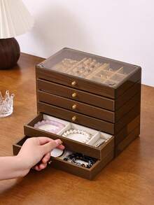 Walnut Wooden Jewelry Organizer, Multi Layer Storage Box For Earrings Necklaces Rings, Vanity & Boutique Display, Perfect Housewarming Gift - Transparent Brown-framed Walnut Wood Storage Box - View 1